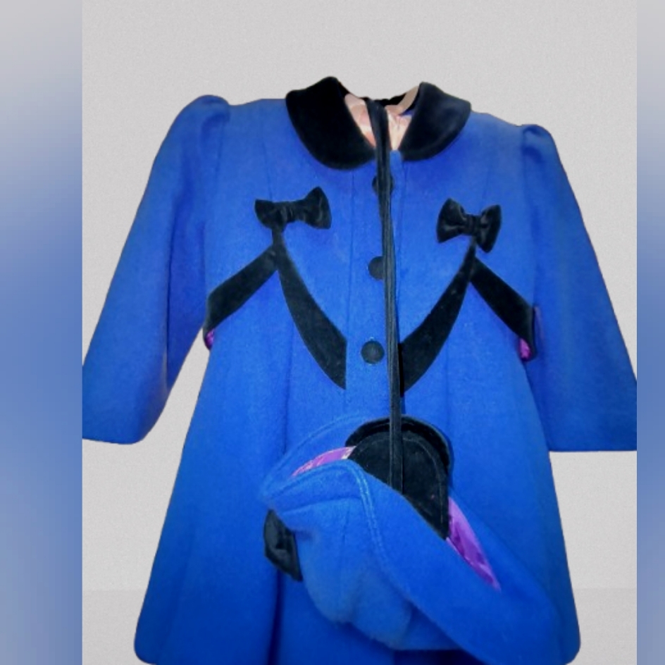 Rothschild Girls 4/5 Wool Coat Childs Matching Hat Velvet Bows Vintage Blue